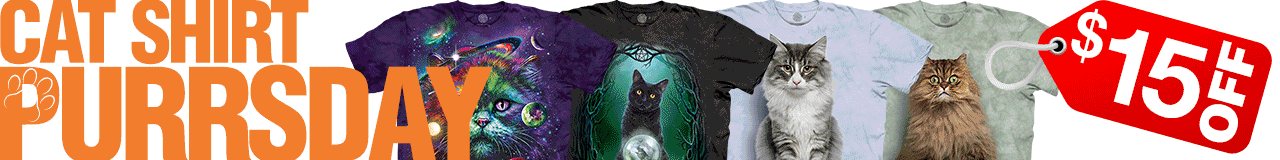 Pounce on these PURRfect cat tees! $15 OFF today only. 4 adorable designs on-sale from $20