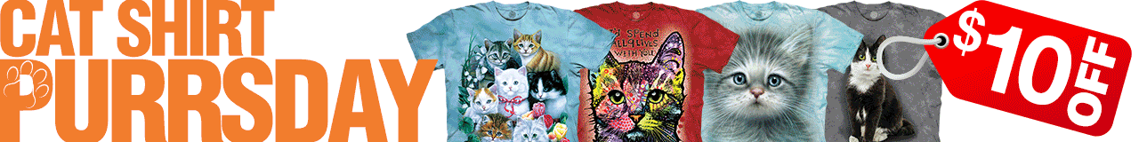 Pounce on these PURRfect cat tees! $10 OFF today only. 4 adorable designs on-sale from $25