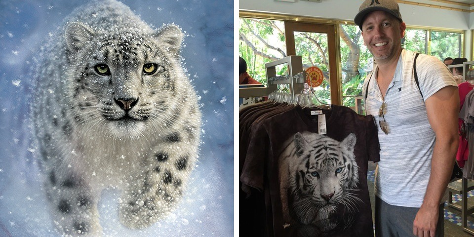 Artist Collin bogle posing with White Tiger Reflection T-shirt and Snow Leopard T-Shirt